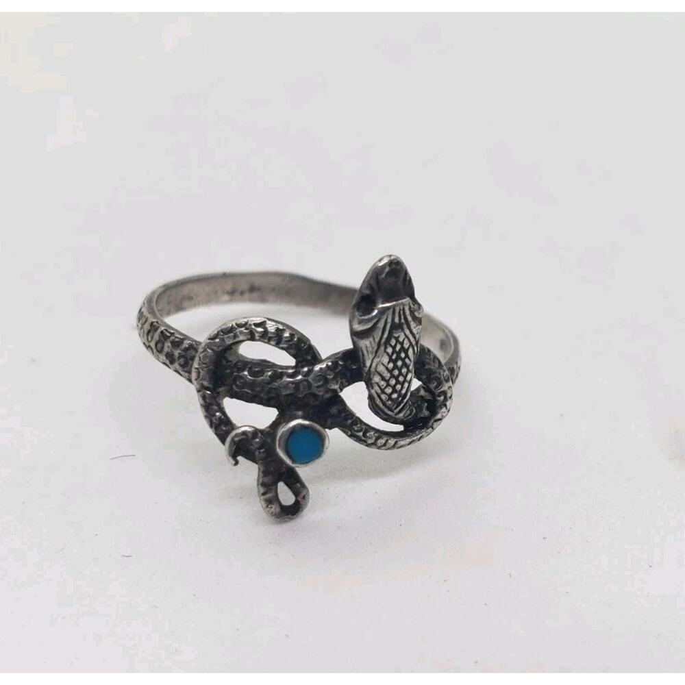 VTG Snake Ring With Turquoise 925 Sterling Silver Coiled Detailed Native 7.75 - Picture 3 of 10